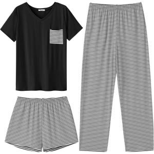 imageEkouaer Womens 3 Piece Pajama Set Short Sleeve Sleepwear Pj Set Top and Shorts Pants Pjs with PocketsBlack White Stripe