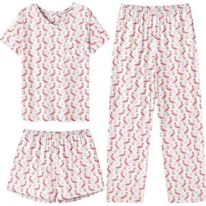 imageEkouaer Womens 3 Piece Pajama Set Short Sleeve Sleepwear Pj Set Top and Shorts Pants Pjs with PocketsFlamingo Print