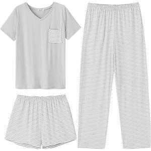imageEkouaer Womens 3 Piece Pajama Set Short Sleeve Sleepwear Pj Set Top and Shorts Pants Pjs with PocketsGray Stripe