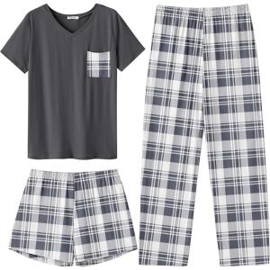 imageEkouaer Womens 3 Piece Pajama Set Short Sleeve Sleepwear Pj Set Top and Shorts Pants Pjs with PocketsLight Gray Plaid