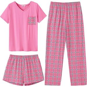 imageEkouaer Womens 3 Piece Pajama Set Short Sleeve Sleepwear Pj Set Top and Shorts Pants Pjs with PocketsPink Black Plaid