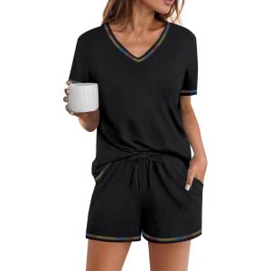 imageEkouaer Womens Pajamas Sets Soft Cotton Pjs Short Sleeve Lounge Sets Casual Two Piece Pjs With PocketsBlack2