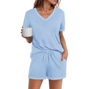 imageEkouaer Womens Pajamas Sets Soft Cotton Pjs Short Sleeve Lounge Sets Casual Two Piece Pjs With PocketsBlue