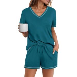 imageEkouaer Womens Pajamas Sets Soft Cotton Pjs Short Sleeve Lounge Sets Casual Two Piece Pjs With PocketsBlue Green