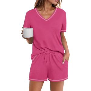 imageEkouaer Womens Pajamas Sets Soft Cotton Pjs Short Sleeve Lounge Sets Casual Two Piece Pjs With PocketsHot Pink