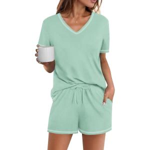 imageEkouaer Womens Pajamas Sets Soft Cotton Pjs Short Sleeve Lounge Sets Casual Two Piece Pjs With PocketsIce Green