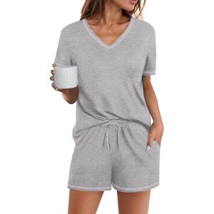 imageEkouaer Womens Pajamas Sets Soft Cotton Pjs Short Sleeve Lounge Sets Casual Two Piece Pjs With PocketsLight Grey