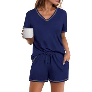 imageEkouaer Womens Pajamas Sets Soft Cotton Pjs Short Sleeve Lounge Sets Casual Two Piece Pjs With PocketsNavy Blue