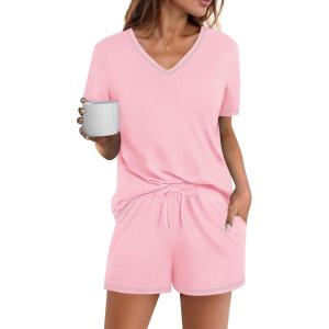 imageEkouaer Womens Pajamas Sets Soft Cotton Pjs Short Sleeve Lounge Sets Casual Two Piece Pjs With PocketsPink