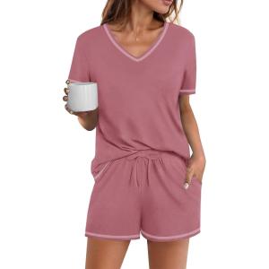 imageEkouaer Womens Pajamas Sets Soft Cotton Pjs Short Sleeve Lounge Sets Casual Two Piece Pjs With PocketsRose Red