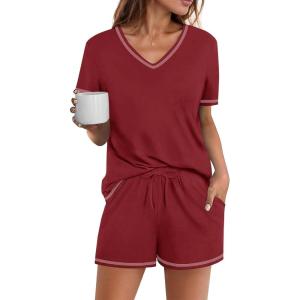 imageEkouaer Womens Pajamas Sets Soft Cotton Pjs Short Sleeve Lounge Sets Casual Two Piece Pjs With PocketsWine Red