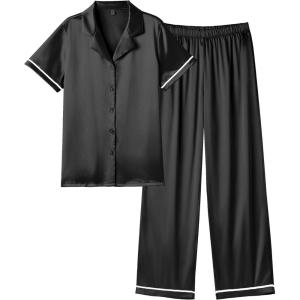 imageEkouaer Womens Silk Pajamas Set Short Sleeve Satin Pjs 2 Piece Soft Loungewear with Pants Button Down SleepwearBlack