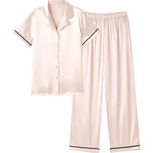 imageEkouaer Womens Silk Pajamas Set Short Sleeve Satin Pjs 2 Piece Soft Loungewear with Pants Button Down SleepwearChampagne
