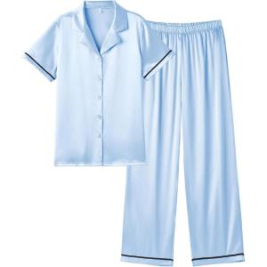imageEkouaer Womens Silk Pajamas Set Short Sleeve Satin Pjs 2 Piece Soft Loungewear with Pants Button Down SleepwearClear Blue