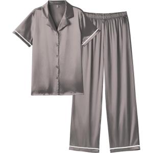 imageEkouaer Womens Silk Pajamas Set Short Sleeve Satin Pjs 2 Piece Soft Loungewear with Pants Button Down SleepwearDark Grey