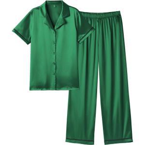 imageEkouaer Womens Silk Pajamas Set Short Sleeve Satin Pjs 2 Piece Soft Loungewear with Pants Button Down SleepwearGreen