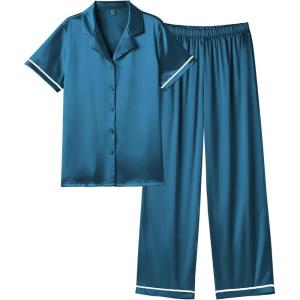 imageEkouaer Womens Silk Pajamas Set Short Sleeve Satin Pjs 2 Piece Soft Loungewear with Pants Button Down SleepwearLake Blue