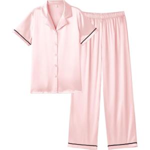 imageEkouaer Womens Silk Pajamas Set Short Sleeve Satin Pjs 2 Piece Soft Loungewear with Pants Button Down SleepwearLight Pink