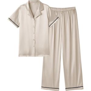 imageEkouaer Womens Silk Pajamas Set Short Sleeve Satin Pjs 2 Piece Soft Loungewear with Pants Button Down SleepwearMoon Gray