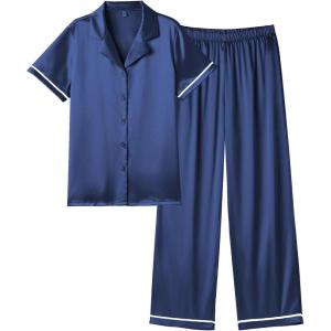 imageEkouaer Womens Silk Pajamas Set Short Sleeve Satin Pjs 2 Piece Soft Loungewear with Pants Button Down SleepwearNavy Blue