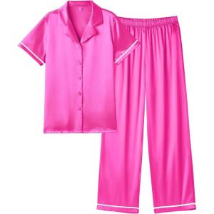 imageEkouaer Womens Silk Pajamas Set Short Sleeve Satin Pjs 2 Piece Soft Loungewear with Pants Button Down SleepwearRose Red