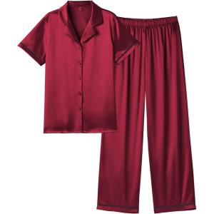imageEkouaer Womens Silk Pajamas Set Short Sleeve Satin Pjs 2 Piece Soft Loungewear with Pants Button Down SleepwearWine Red
