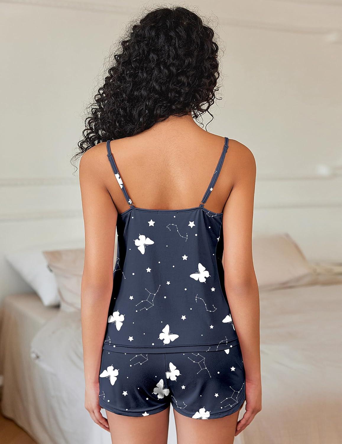 imageEkouaer Pajama Sets for Women 2 Piece Soft Lingerie Sleepwear Cute Print Cami Pj Shorts Set Lace NightwearNavy Blue Star