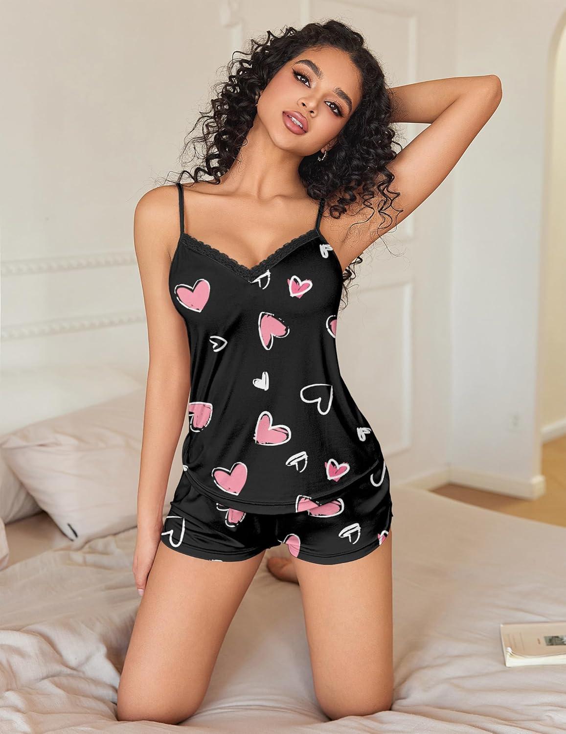 imageEkouaer Pajama Sets for Women 2 Piece Soft Lingerie Sleepwear Cute Print Cami Pj Shorts Set Lace NightwearPink Heart