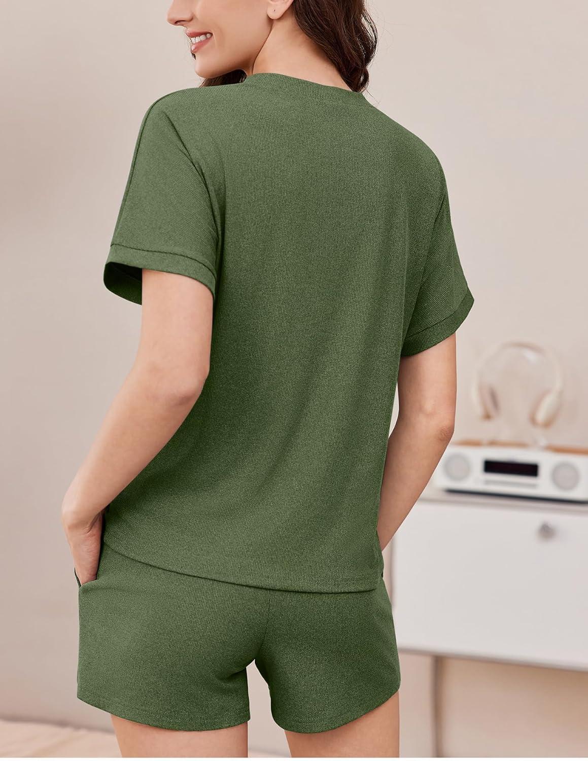 imageEkouaer Pajamas Set 2 Piece Ribbed Knit Pjs Short Sleeve Tops and Shorts Sleepwear Summer Pajama Soft Lounge Sets SXXLArmy Green