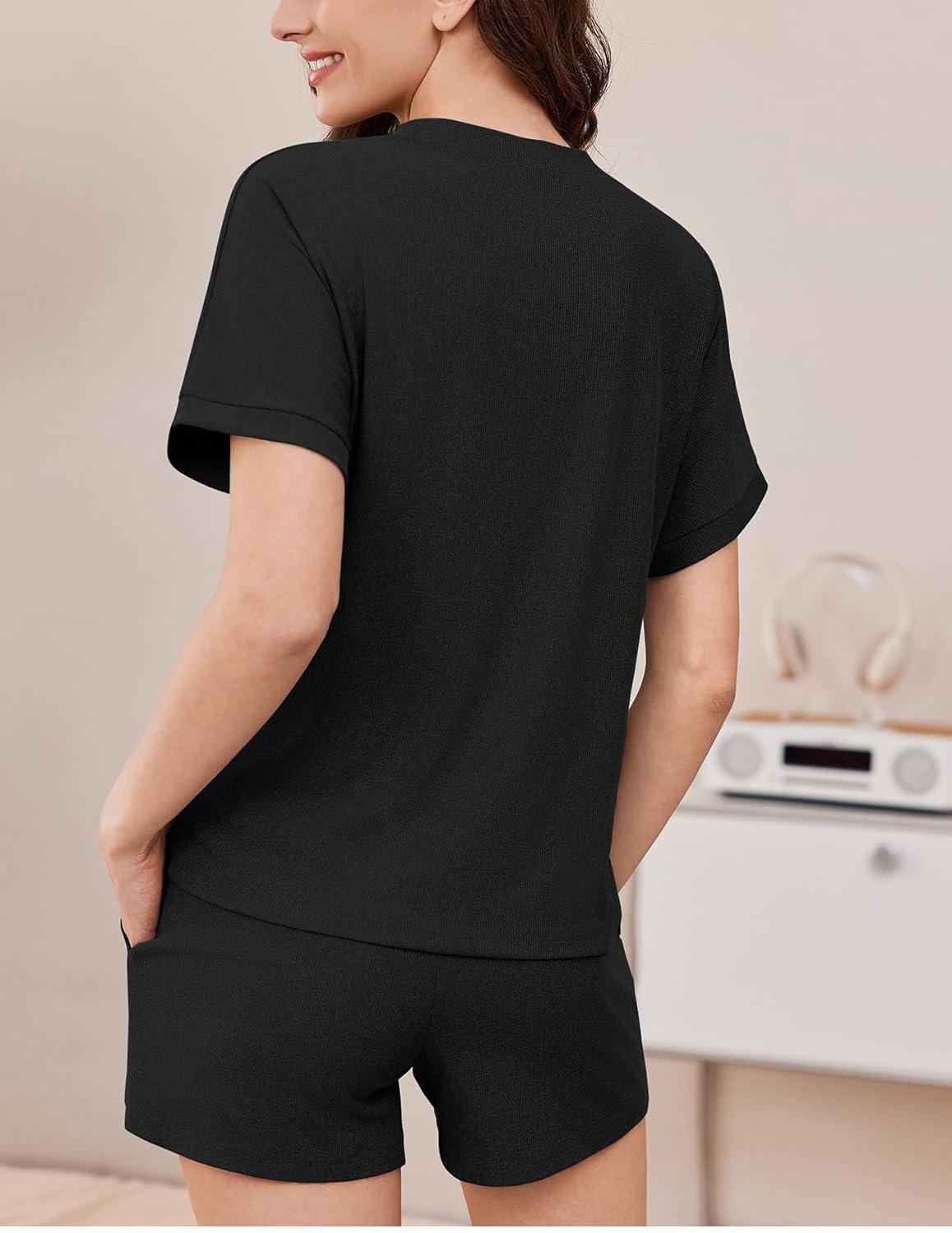 imageEkouaer Pajamas Set 2 Piece Ribbed Knit Pjs Short Sleeve Tops and Shorts Sleepwear Summer Pajama Soft Lounge Sets SXXLBlack