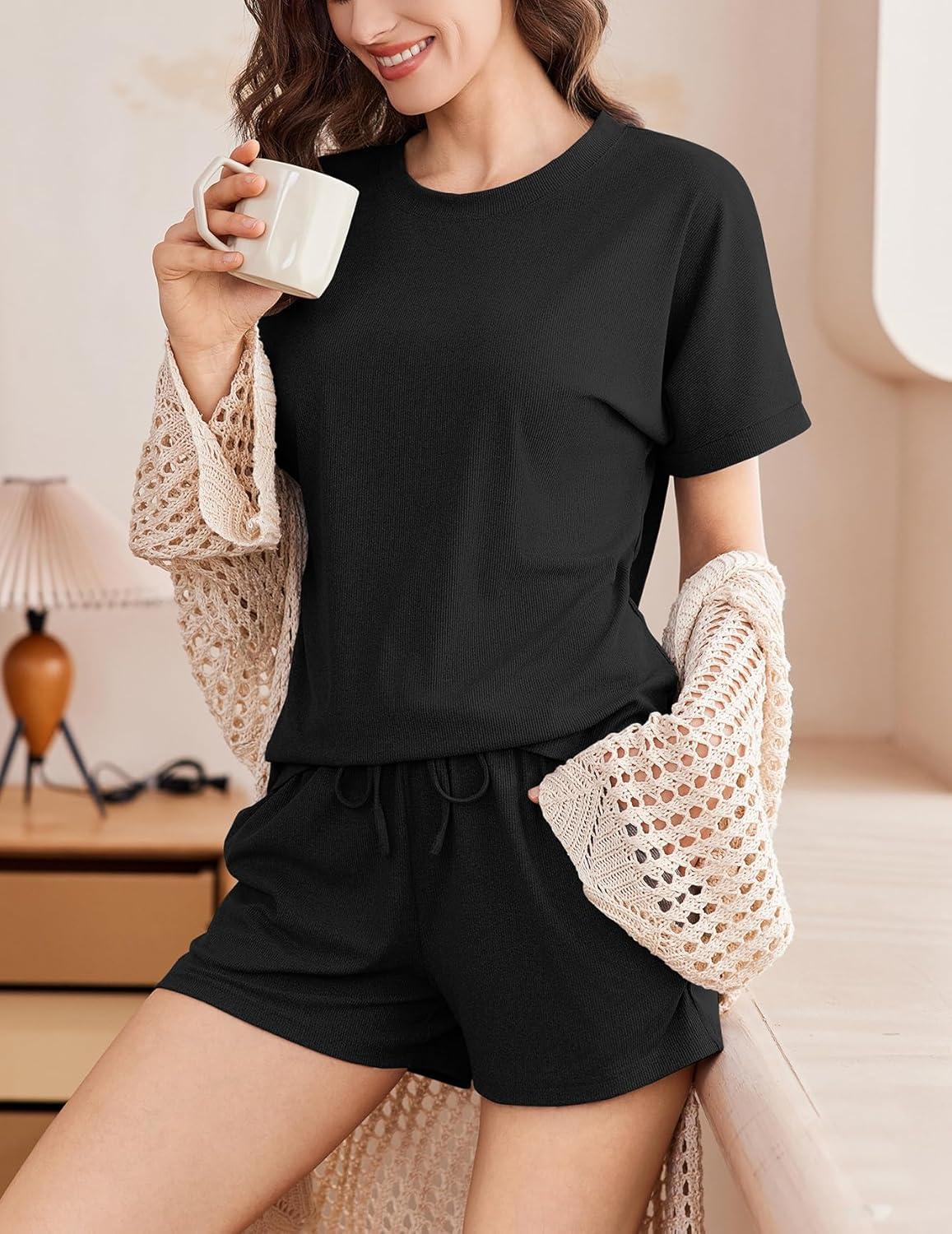 imageEkouaer Pajamas Set 2 Piece Ribbed Knit Pjs Short Sleeve Tops and Shorts Sleepwear Summer Pajama Soft Lounge Sets SXXLBlack