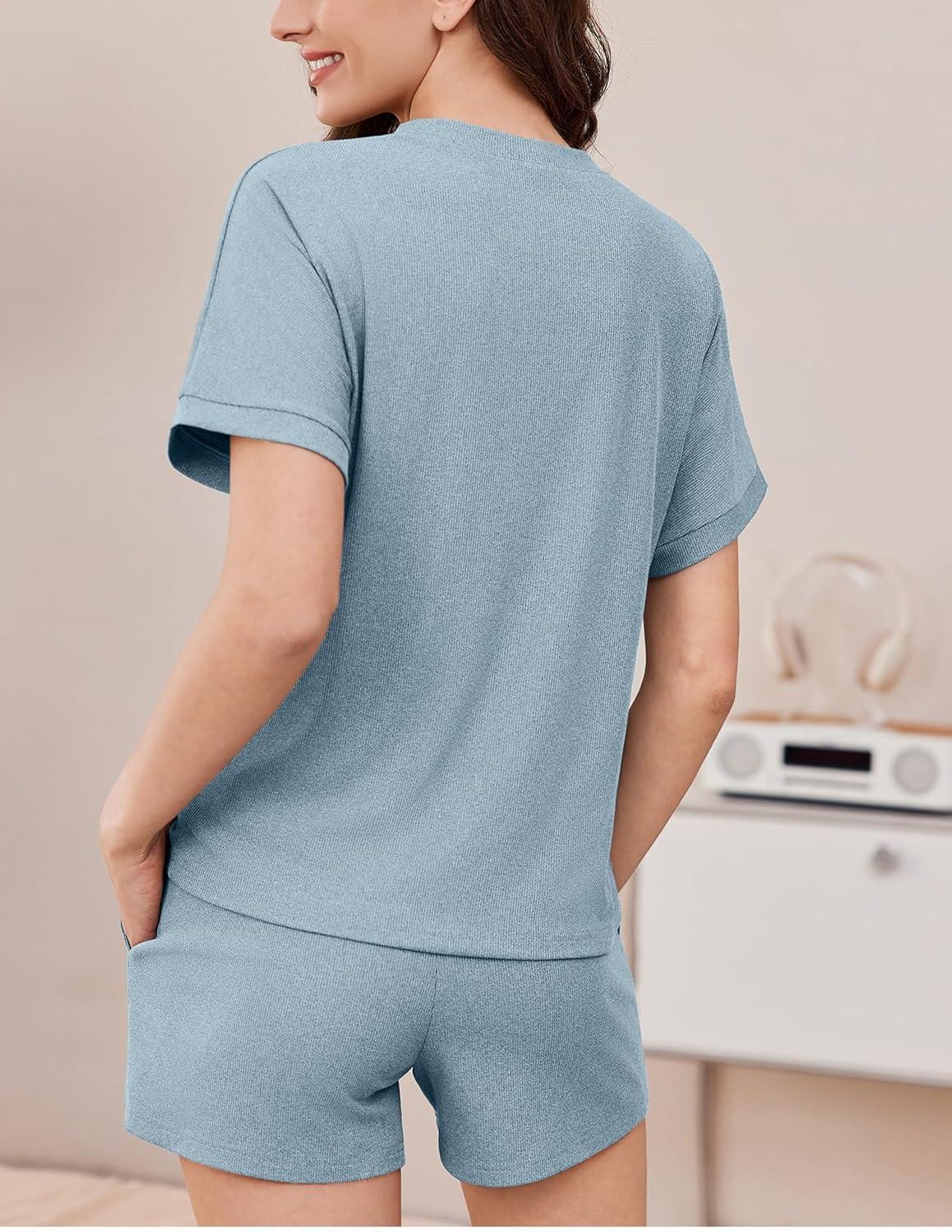 imageEkouaer Pajamas Set 2 Piece Ribbed Knit Pjs Short Sleeve Tops and Shorts Sleepwear Summer Pajama Soft Lounge Sets SXXLLight Blue
