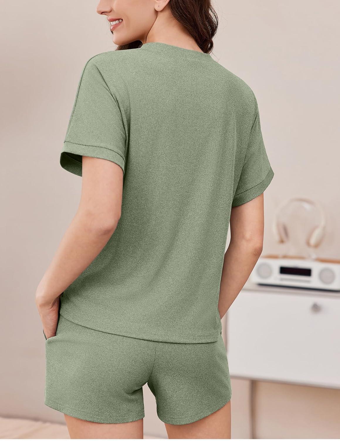 imageEkouaer Pajamas Set 2 Piece Ribbed Knit Pjs Short Sleeve Tops and Shorts Sleepwear Summer Pajama Soft Lounge Sets SXXLLight Green