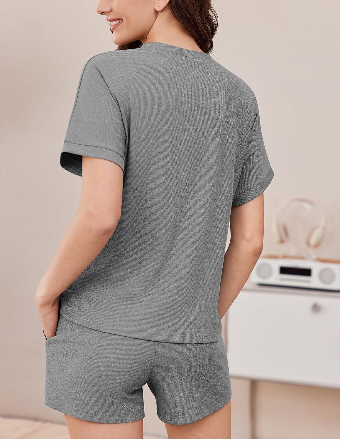 imageEkouaer Pajamas Set 2 Piece Ribbed Knit Pjs Short Sleeve Tops and Shorts Sleepwear Summer Pajama Soft Lounge Sets SXXLLight Grey