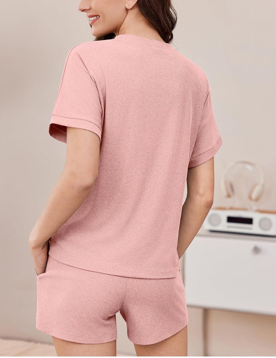 imageEkouaer Pajamas Set 2 Piece Ribbed Knit Pjs Short Sleeve Tops and Shorts Sleepwear Summer Pajama Soft Lounge Sets SXXLLight Pink
