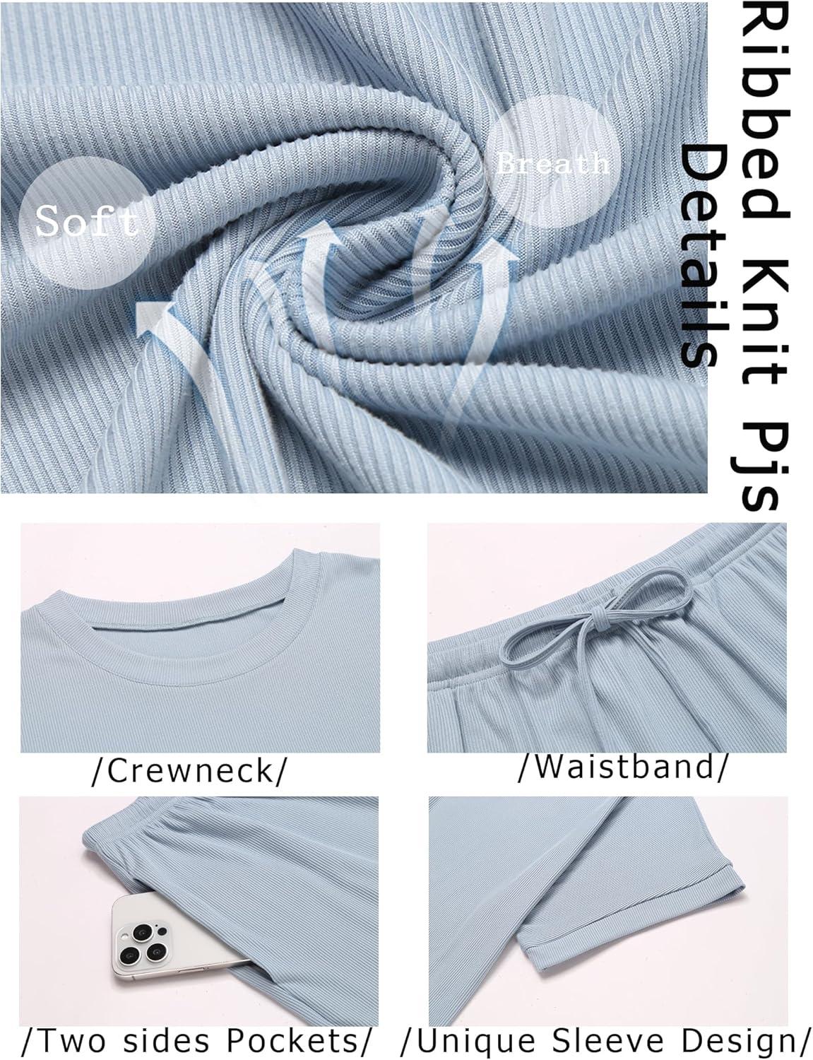 imageEkouaer Pajamas Set 2 Piece Ribbed Knit Pjs Short Sleeve Tops and Shorts Sleepwear Summer Pajama Soft Lounge Sets SXXLLight Pink
