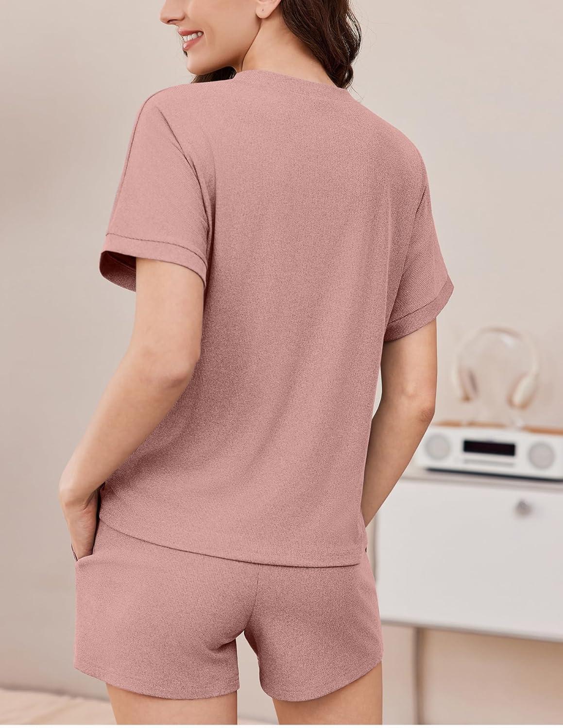 imageEkouaer Pajamas Set 2 Piece Ribbed Knit Pjs Short Sleeve Tops and Shorts Sleepwear Summer Pajama Soft Lounge Sets SXXLLotus Color