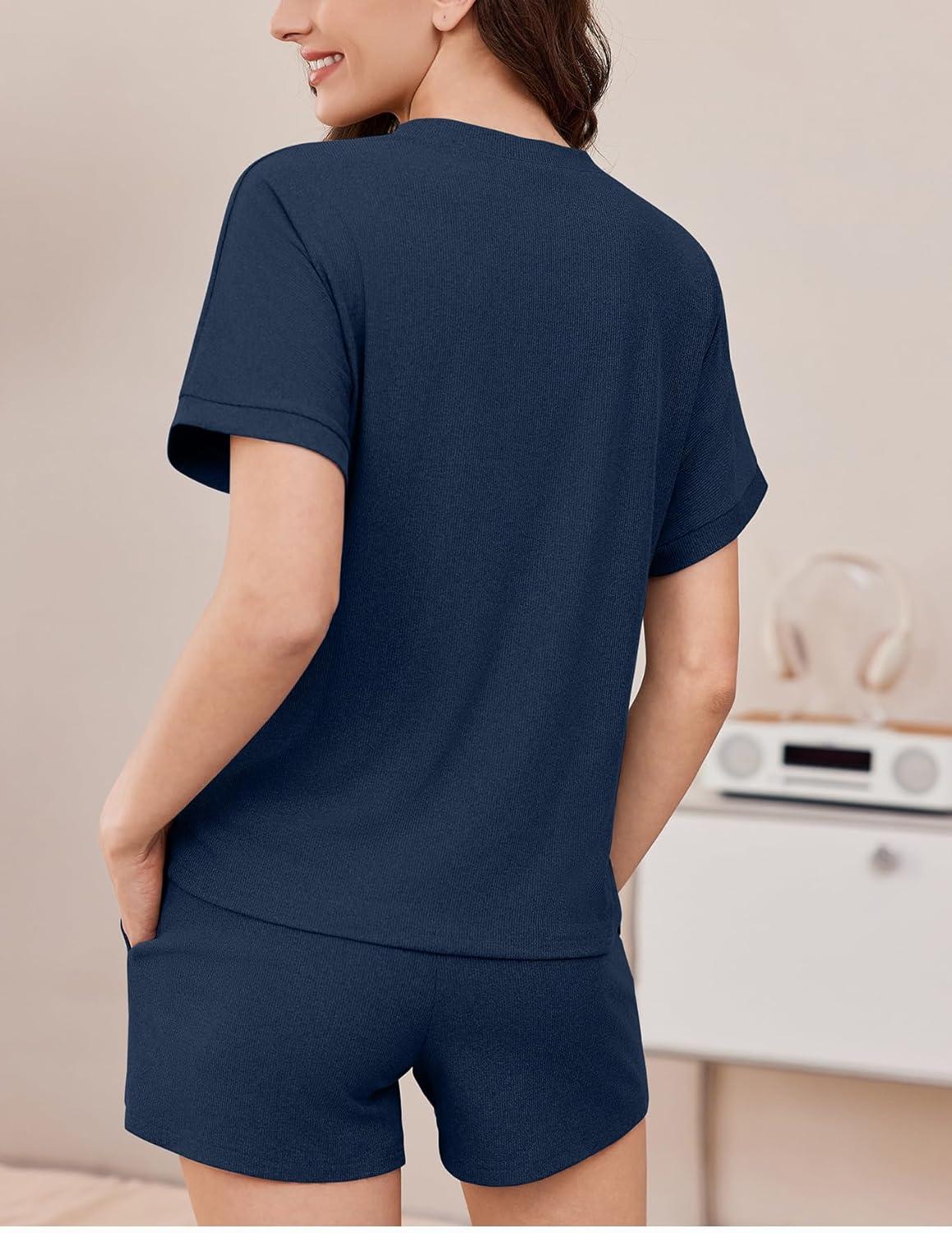 imageEkouaer Pajamas Set 2 Piece Ribbed Knit Pjs Short Sleeve Tops and Shorts Sleepwear Summer Pajama Soft Lounge Sets SXXLNavy Blue