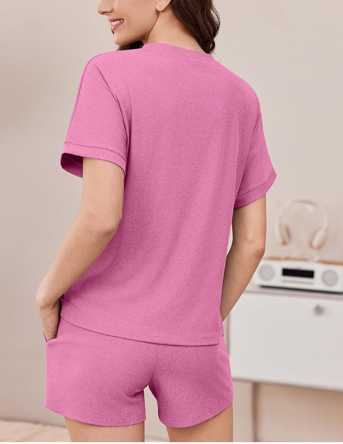 imageEkouaer Pajamas Set 2 Piece Ribbed Knit Pjs Short Sleeve Tops and Shorts Sleepwear Summer Pajama Soft Lounge Sets SXXLPeachy Pink