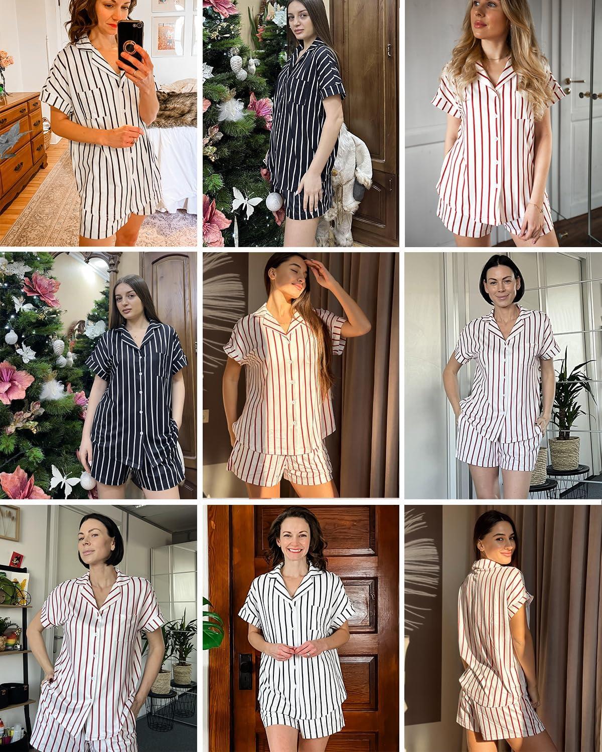 imageEkouaer Womens Button Down Pajamas Set 2 Piece Sleepwear Short Sleeve Pjs Soft Stripe Lounge SetsBlack