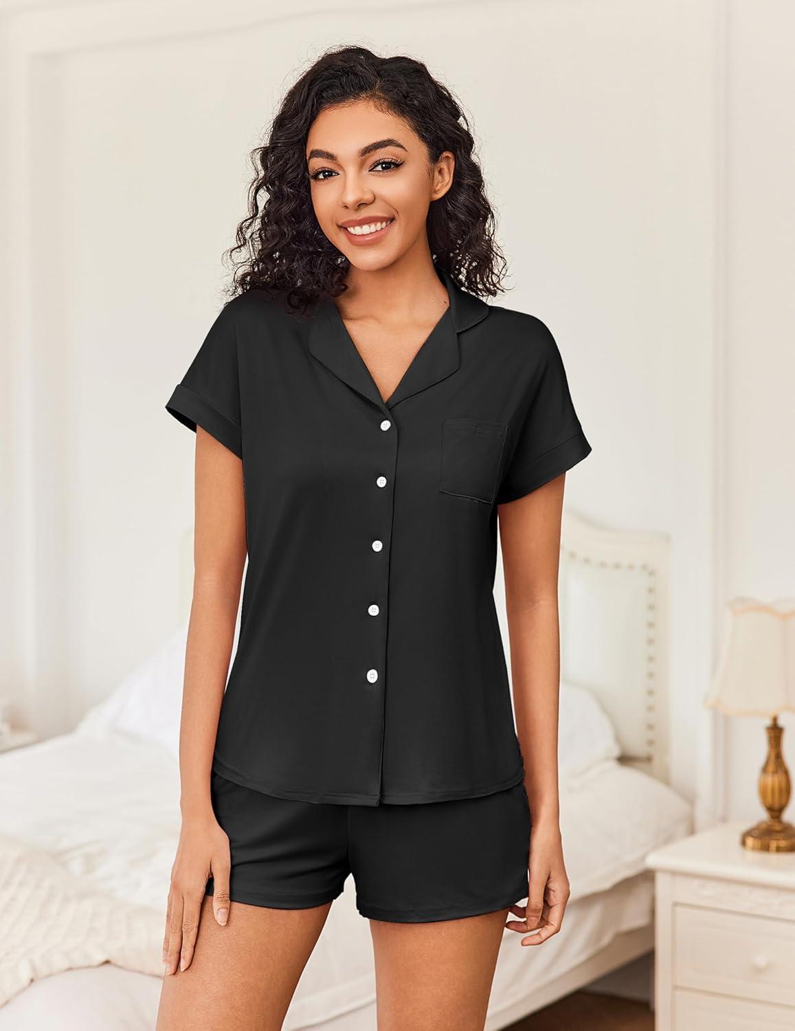 imageEkouaer Womens Button Down Pajamas Set 2 Piece Sleepwear Short Sleeve Pjs Soft Stripe Lounge SetsBlack