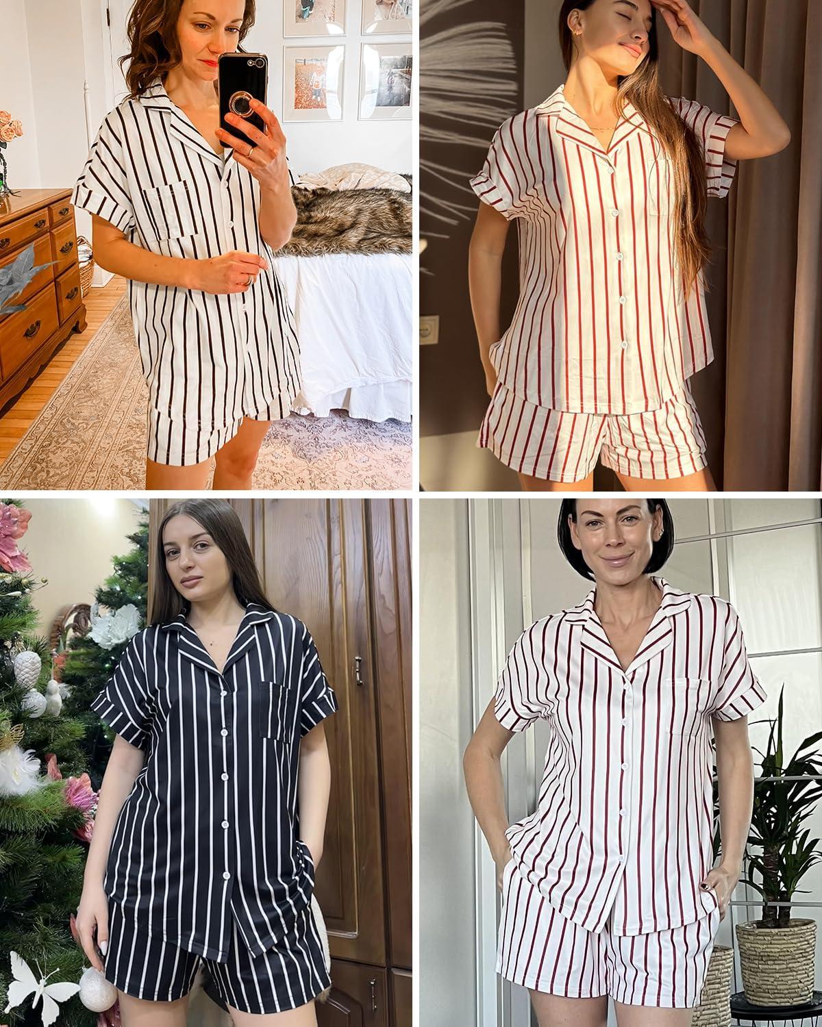 imageEkouaer Womens Button Down Pajamas Set 2 Piece Sleepwear Short Sleeve Pjs Soft Stripe Lounge SetsBlack