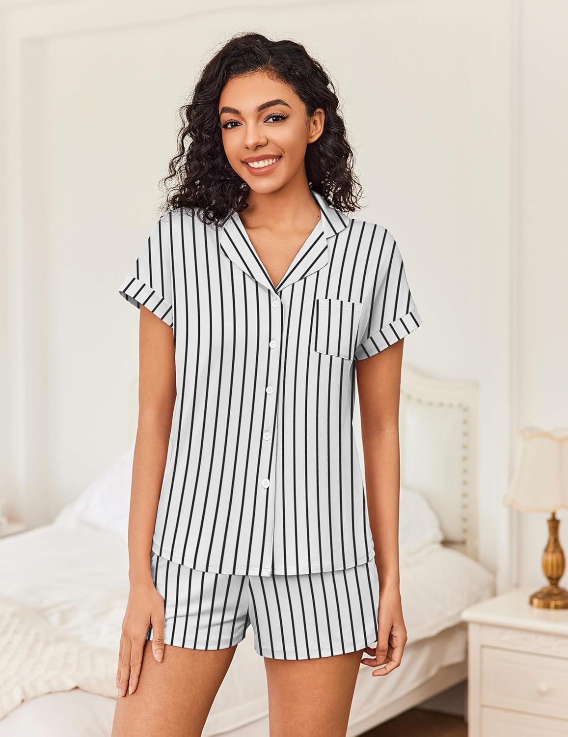 imageEkouaer Womens Button Down Pajamas Set 2 Piece Sleepwear Short Sleeve Pjs Soft Stripe Lounge SetsBlack White Stripe