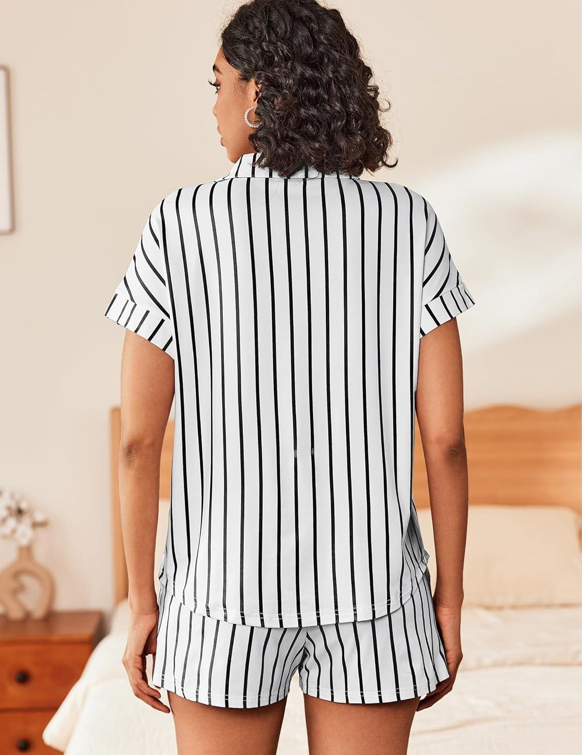 imageEkouaer Womens Button Down Pajamas Set 2 Piece Sleepwear Short Sleeve Pjs Soft Stripe Lounge SetsBlack White Stripe