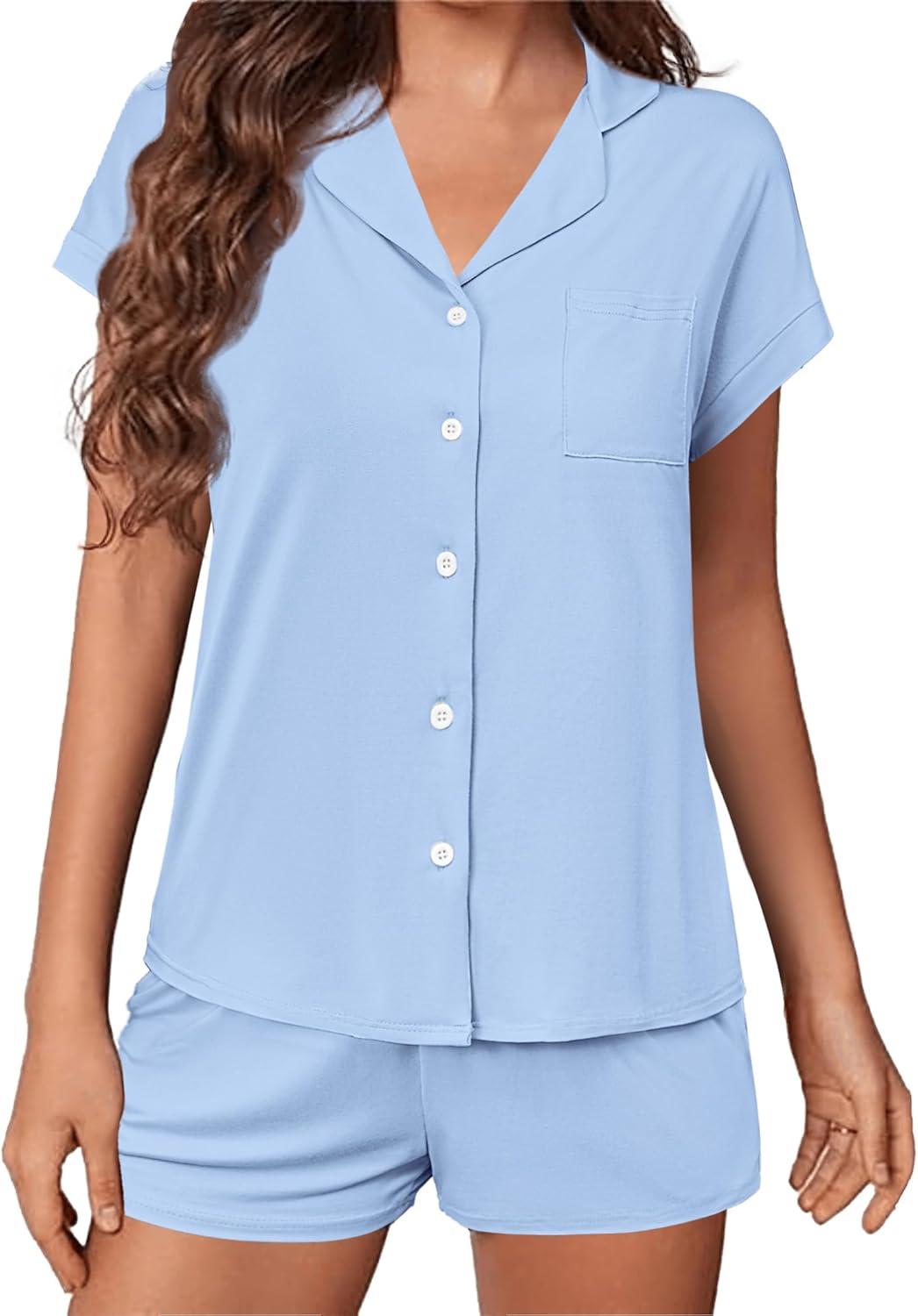 imageEkouaer Womens Button Down Pajamas Set 2 Piece Sleepwear Short Sleeve Pjs Soft Stripe Lounge SetsBlue
