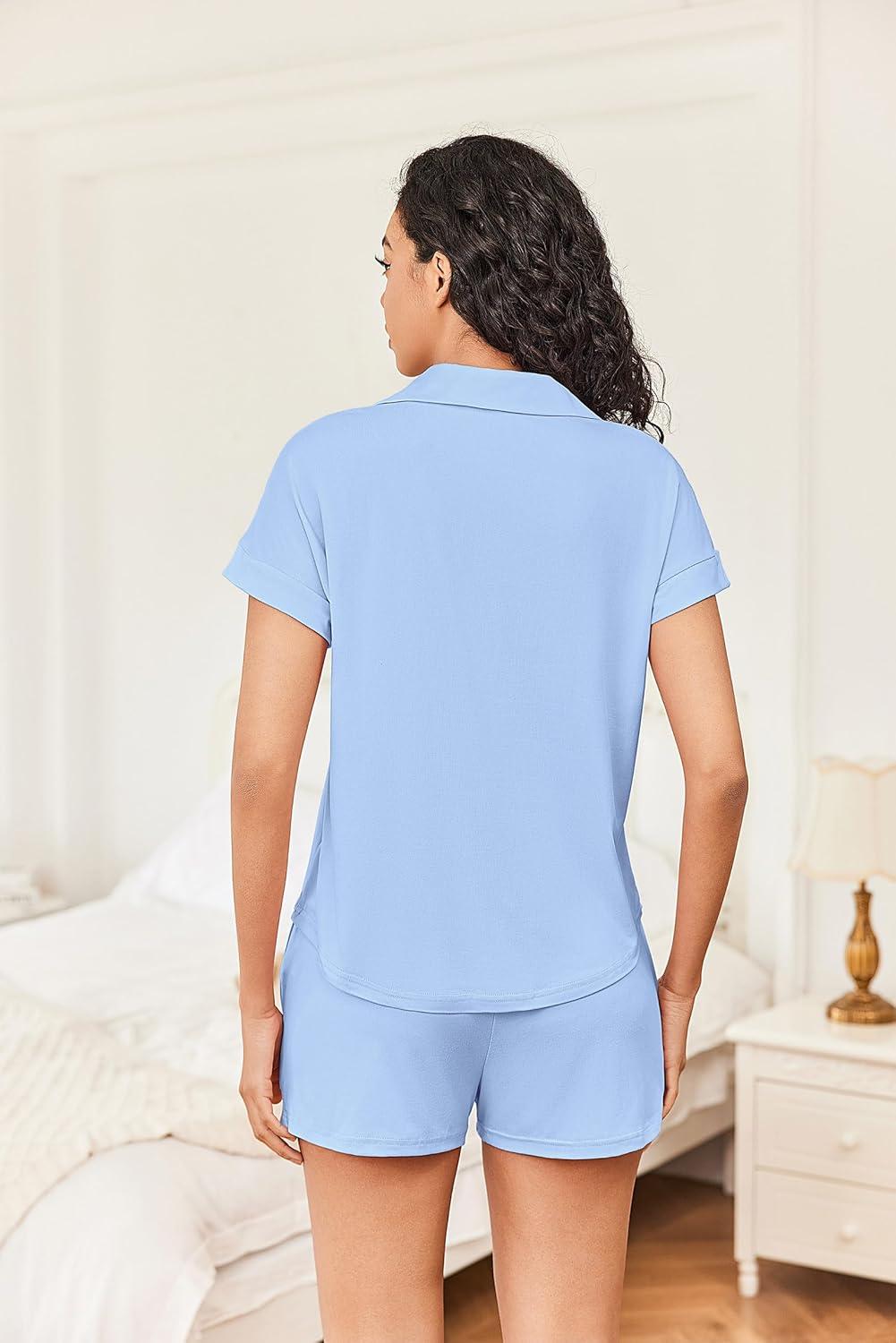 imageEkouaer Womens Button Down Pajamas Set 2 Piece Sleepwear Short Sleeve Pjs Soft Stripe Lounge SetsBlue