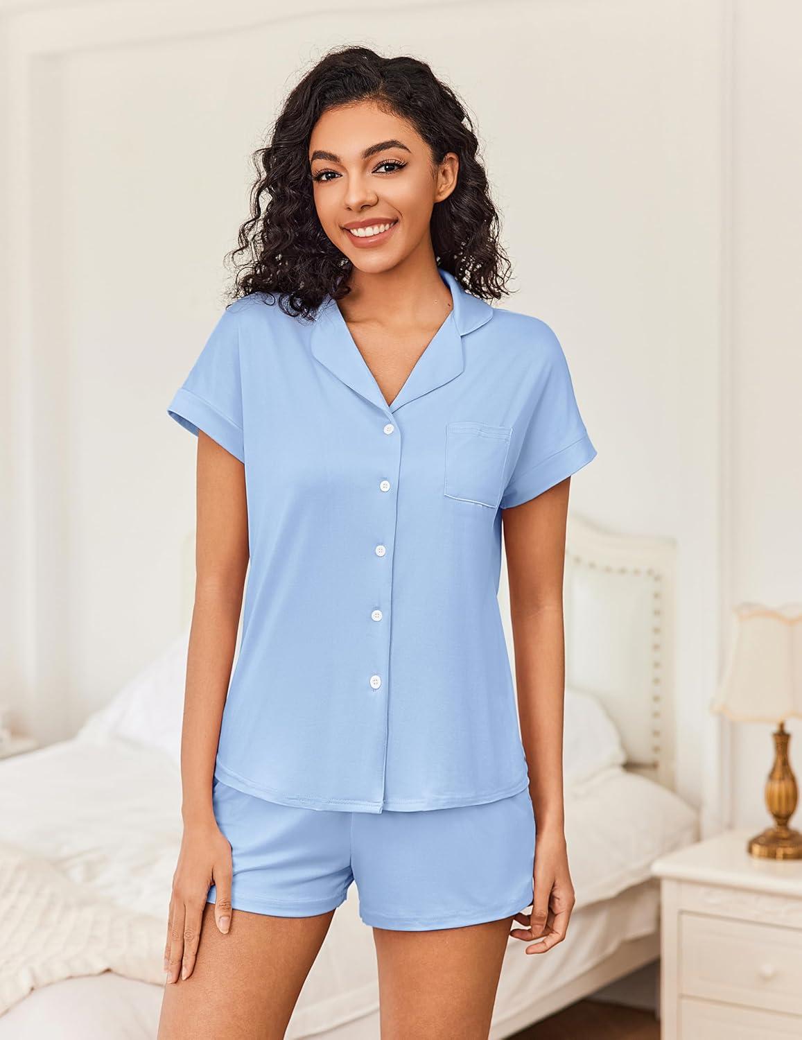 imageEkouaer Womens Button Down Pajamas Set 2 Piece Sleepwear Short Sleeve Pjs Soft Stripe Lounge SetsBlue