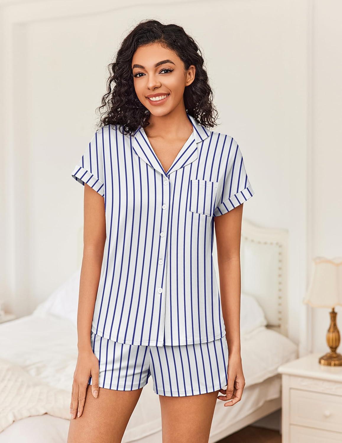 imageEkouaer Womens Button Down Pajamas Set 2 Piece Sleepwear Short Sleeve Pjs Soft Stripe Lounge SetsBlue White Stripe