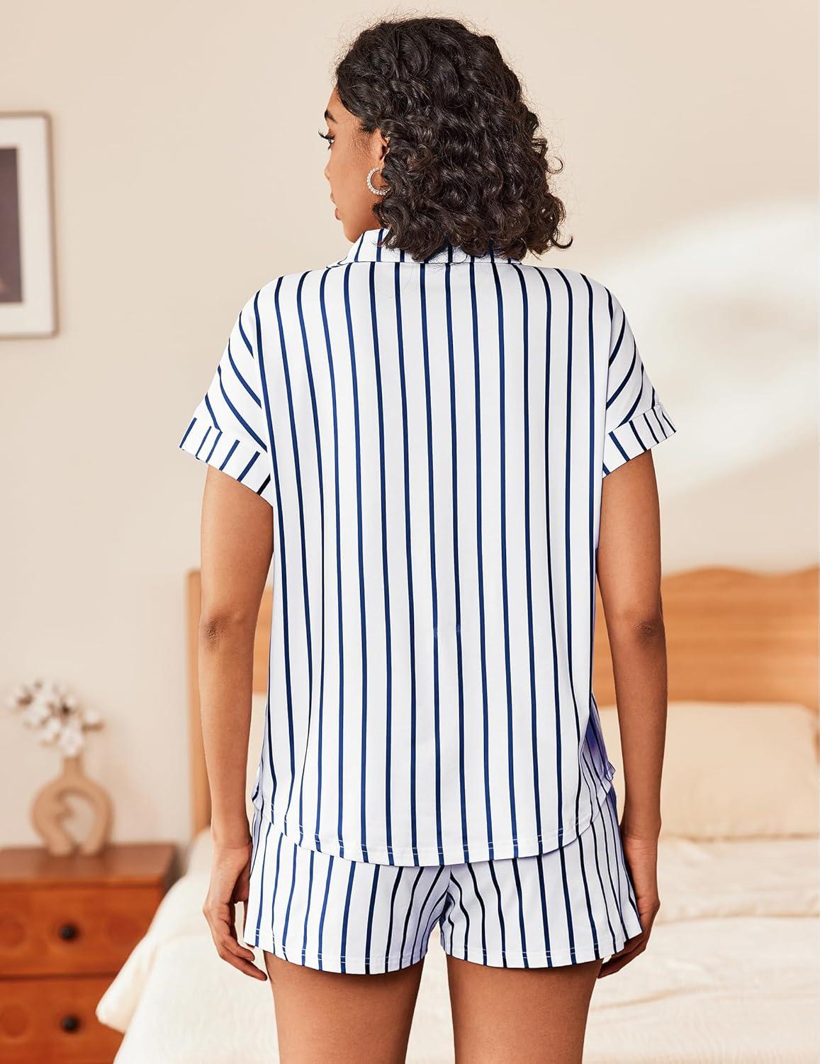 imageEkouaer Womens Button Down Pajamas Set 2 Piece Sleepwear Short Sleeve Pjs Soft Stripe Lounge SetsBlue White Stripe