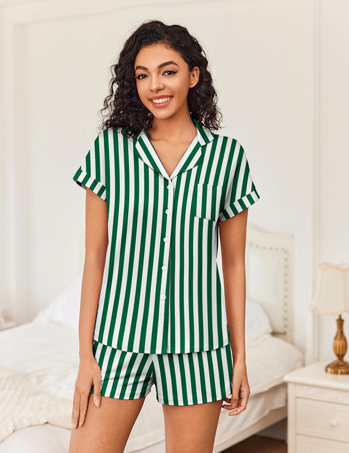 imageEkouaer Womens Button Down Pajamas Set 2 Piece Sleepwear Short Sleeve Pjs Soft Stripe Lounge SetsGreen White Stripe